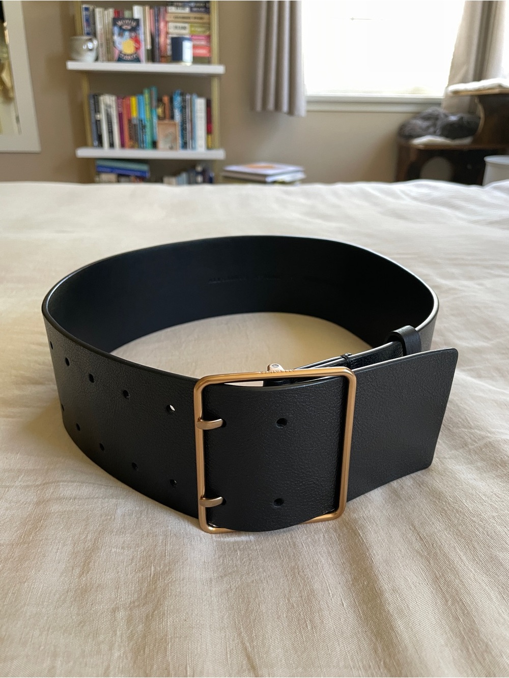 All Saints Small Black Leather Wide Belt with Gold Buckle
